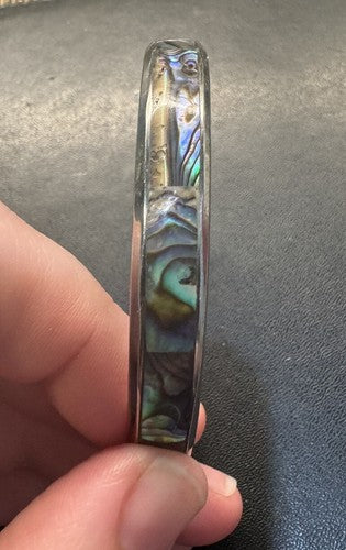 Vintage Bangle 8” Bracelet Silver Tone Abalone Shell 3/8” Wise
