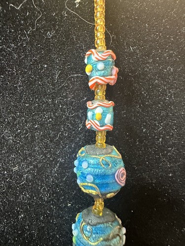 Antique Vintage Venetian Turquoise Blue Foil Glass Wedding Cake Bead Necklace
