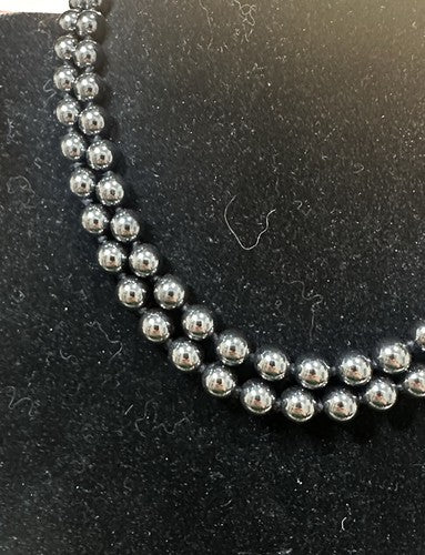 Vintage Hematite Beaded Double Strand Choker Necklace Signed 16.5” 116g