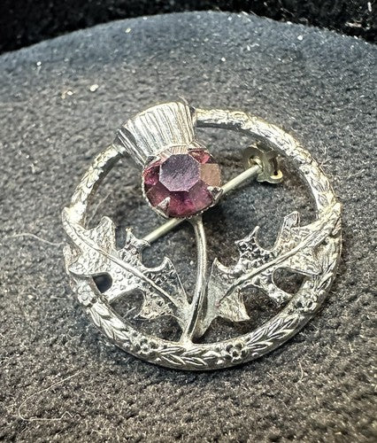 Vintage Signed MIZPAH 60's Scottish Thistle Amethyst Rhinestone Eternity Brooch