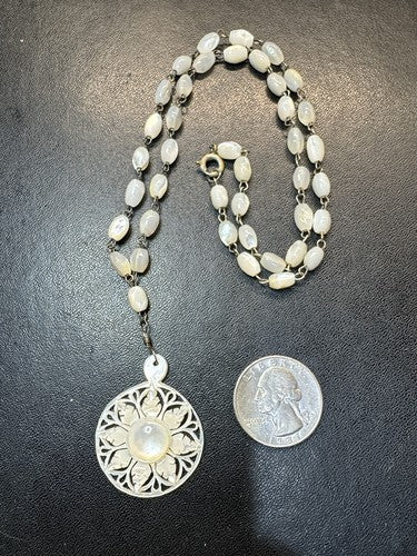 Vintage Carved Mother of Pearl Star Necklace Bethlehem 19” 2.5” Drop
