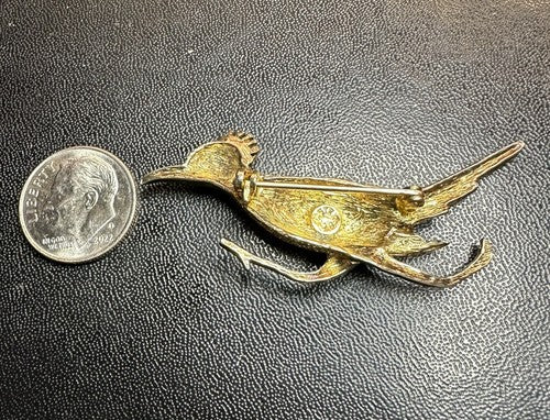 VINTAGE ROAD RUNNER STERLING SILVER 925 BROOCH PIN RETRO GOLD TONE