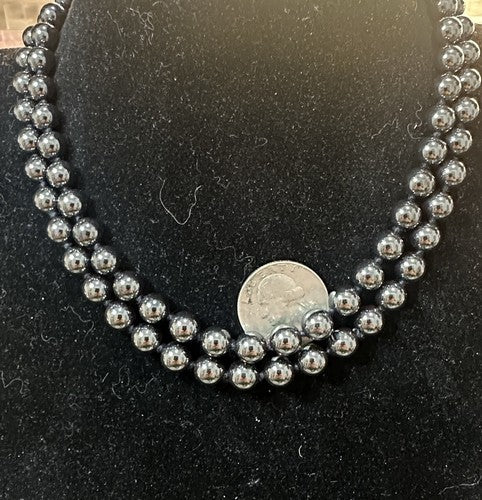 Vintage Hematite Beaded Double Strand Choker Necklace Signed 16.5” 116g
