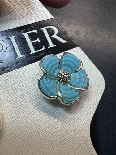 Napier New Blue Flower Silver Tone Pierced Earrings
