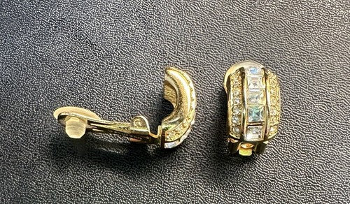 Christian Dior Vintage Clip Earrings Gold Chunky Half Hoop Rhinestone 80s
