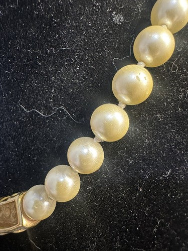Vintage Swarovski Faux Pearls Necklace With Gold Tone Crystal Enamel Feature