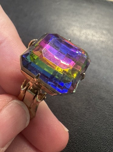 Vintage Rainbow Prism Statement Rhinestone Crystal Clip On Earrings