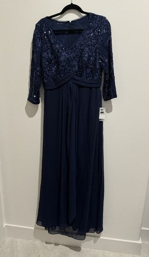 Alex Evenings Sequin Three Quarter Sleeve Evening Gown Dress 8 Navy Blue NWT