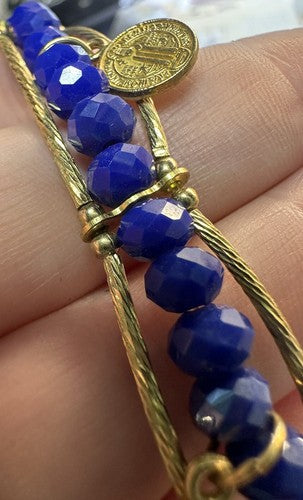 St. Benedict Medal Faceted Blue Gold Stretch Charm Bracelet