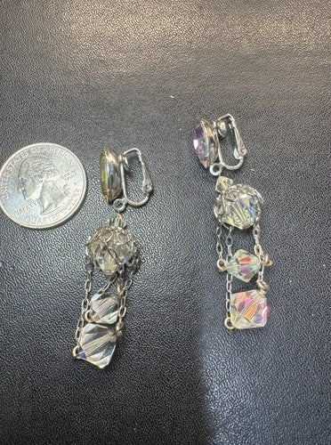 Lewis Segal Vintage Earrings Chandelier Aurora Borealis Statement Clip On