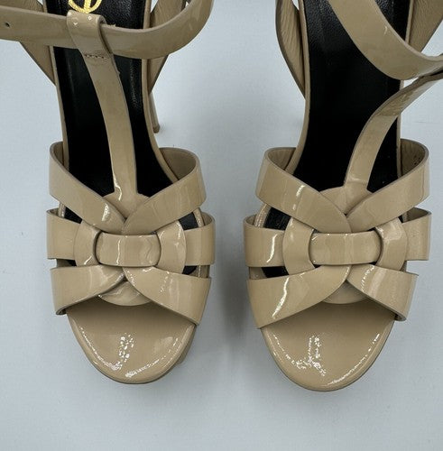 YSL SAINT LAURENT Tribute Patent Leather Platform Heels 37.5 7 Nude Strappy