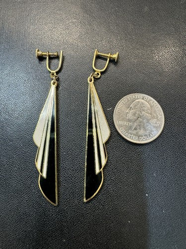 Vintage MEOW Earrings Cloisonne Enamel Dangle White Gold Black White Y2K Clip On