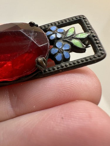 Vtg Ruby Glass Forget Me Not Flower Brooch Enamel Red Rhinestone C Clasp