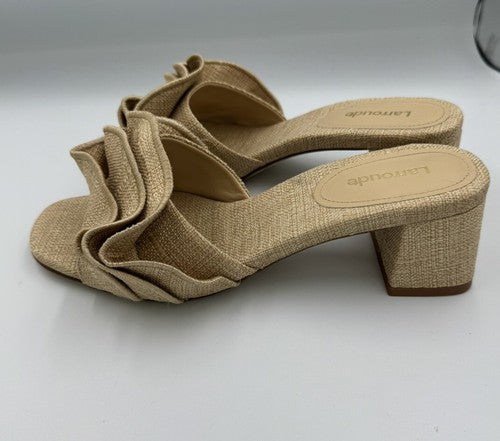 Larroude Brigitte Ruffle Mule Size 7 Beige Raffia Block Heel Sandal Brigite