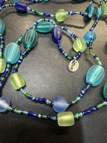 ZAD Blue Green Sea Glass Look Beaded Necklace 42”