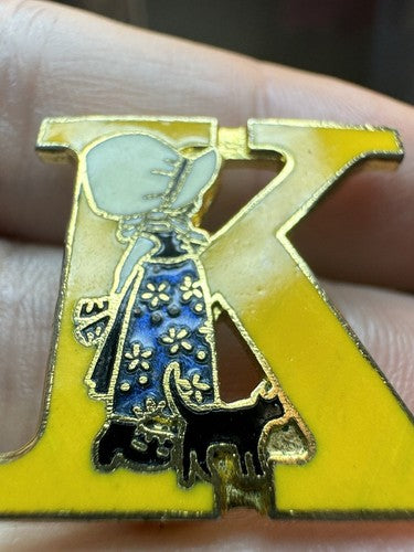 Vintage Holly Hobbie Initial K Letter Gold Tone and Enamel Brooch Pin RARE
