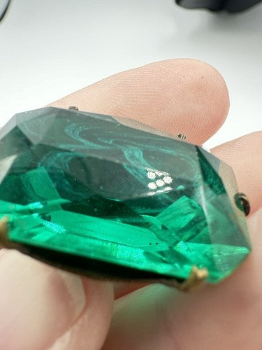 Incredible Antique Early Art Deco Made In Czechoslovakia Green Glass Brooch