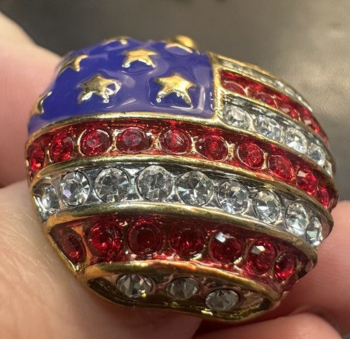 American Flag Apple Brooch Pin Gold Tone Rhinestones Red White & Blue Enamel
