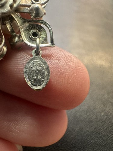 Vtg 1950s Miraculous Mary Medal Silver Rhinestone Blue Crystal Flower Brooch Pin