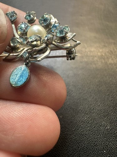 Vtg 1950s Miraculous Mary Medal Silver Rhinestone Blue Crystal Flower Brooch Pin