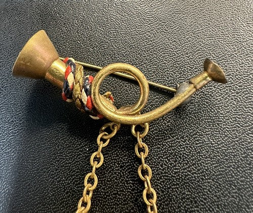 WWII Patriotic Red White Blue Braided Leather Drum Bugle Sweetheart Brooch