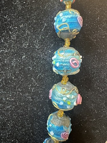 Antique Vintage Venetian Turquoise Blue Foil Glass Wedding Cake Bead Necklace