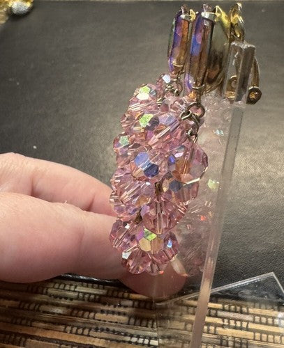 Lewis Segal Vintage Earrings Chandelier Pink Aurora Borealis Statement Clip On