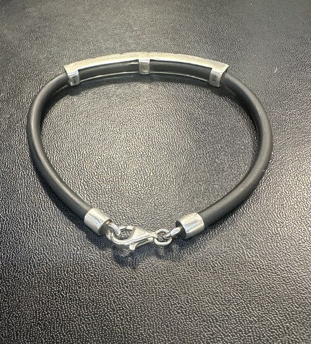 Sterling Silver & Black Rubber Cord Greek Key Bracelet