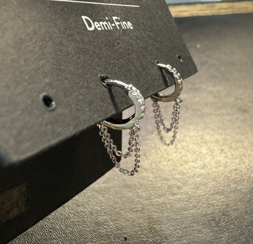 Huggies w/ dangle Chain Cubic Zirconia Silver Huggies Earrings Edgy Modern Pave