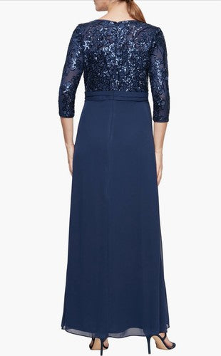 Alex Evenings Sequin Three Quarter Sleeve Evening Gown Dress 8 Navy Blue NWT