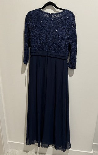 Alex Evenings Sequin Three Quarter Sleeve Evening Gown Dress 8 Navy Blue NWT