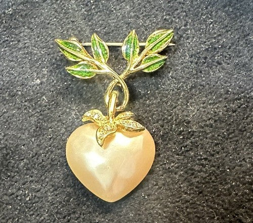 Vintage Brooch JOAN RIVERS 1990s Faux Pearl Heart & Leaves Goldtone Jewellery