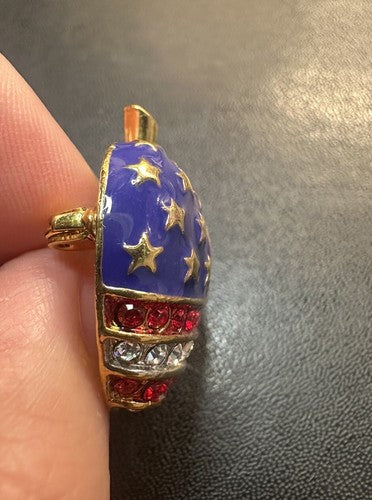American Flag Apple Brooch Pin Gold Tone Rhinestones Red White & Blue Enamel