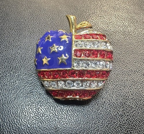 American Flag Apple Brooch Pin Gold Tone Rhinestones Red White & Blue Enamel