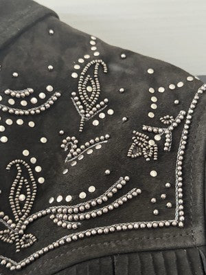 AllSaints Corinna Embellished Fringe Black Suede Cropped Jacket Sz 10 $829