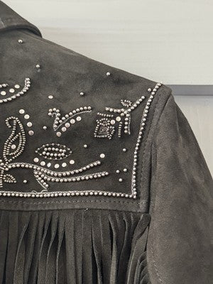 AllSaints Corinna Embellished Fringe Black Suede Cropped Jacket Sz 10 $829