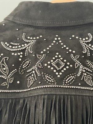 AllSaints Corinna Embellished Fringe Black Suede Cropped Jacket Sz 10 $829