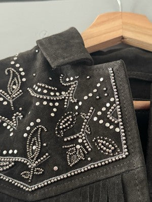 AllSaints Corinna Embellished Fringe Black Suede Cropped Jacket Sz 10 $829