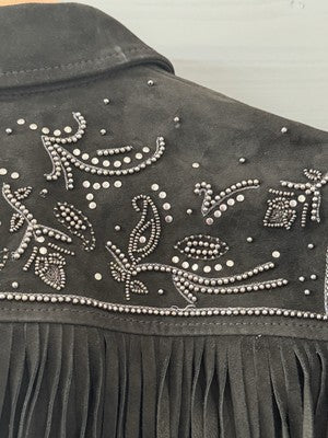 AllSaints Corinna Embellished Fringe Black Suede Cropped Jacket Sz 10 $829