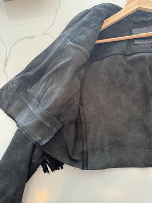 AllSaints Corinna Embellished Fringe Black Suede Cropped Jacket Sz 10 $829