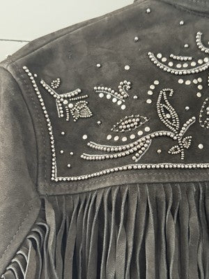 AllSaints Corinna Embellished Fringe Black Suede Cropped Jacket Sz 10 $829
