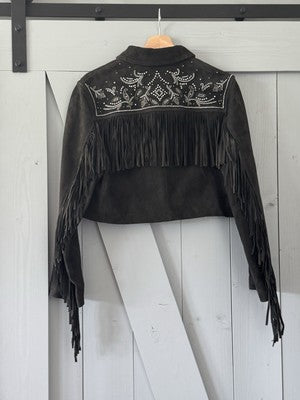 AllSaints Corinna Embellished Fringe Black Suede Cropped Jacket Sz 10 $829