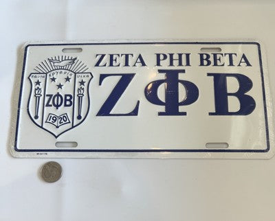 Vtg New Old Stock Zeta Phi Beta Sorority License Plate White Blue Sorority