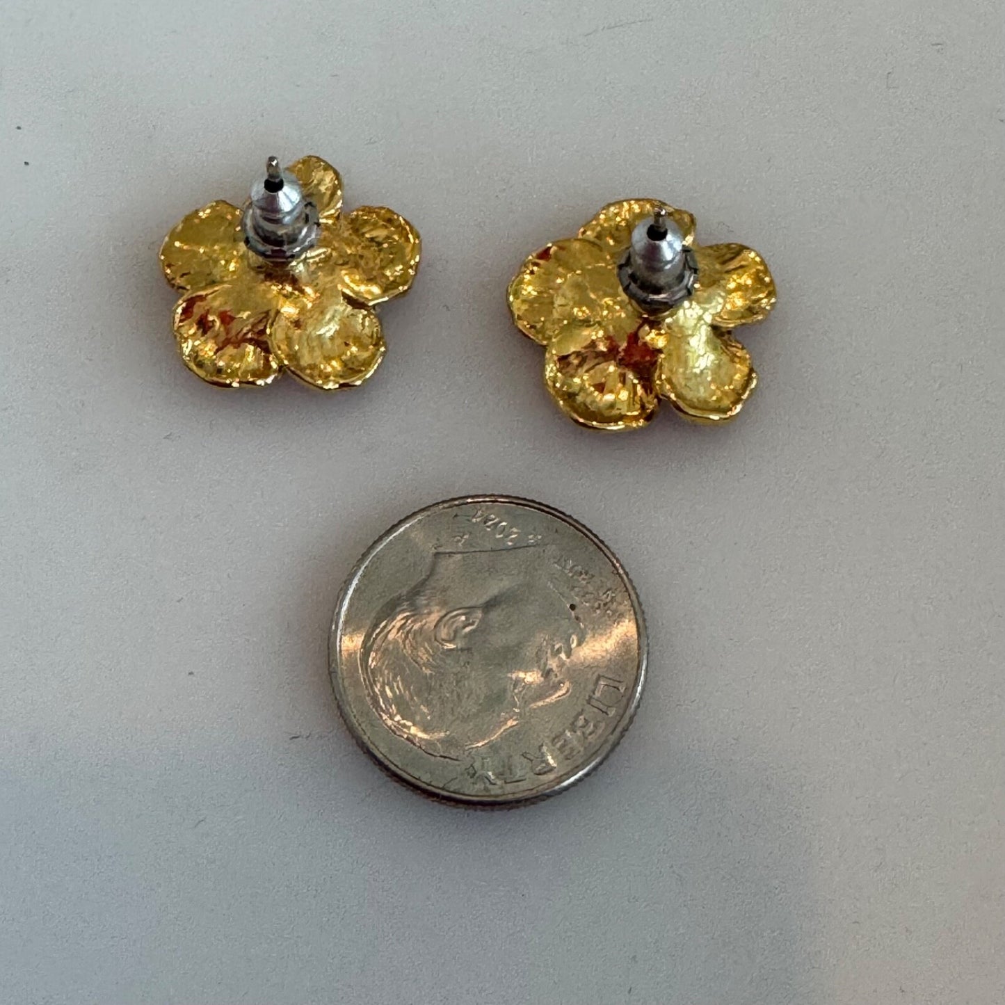 Vintage Red Enamel Plumeria Flower Pierced Gold Tone