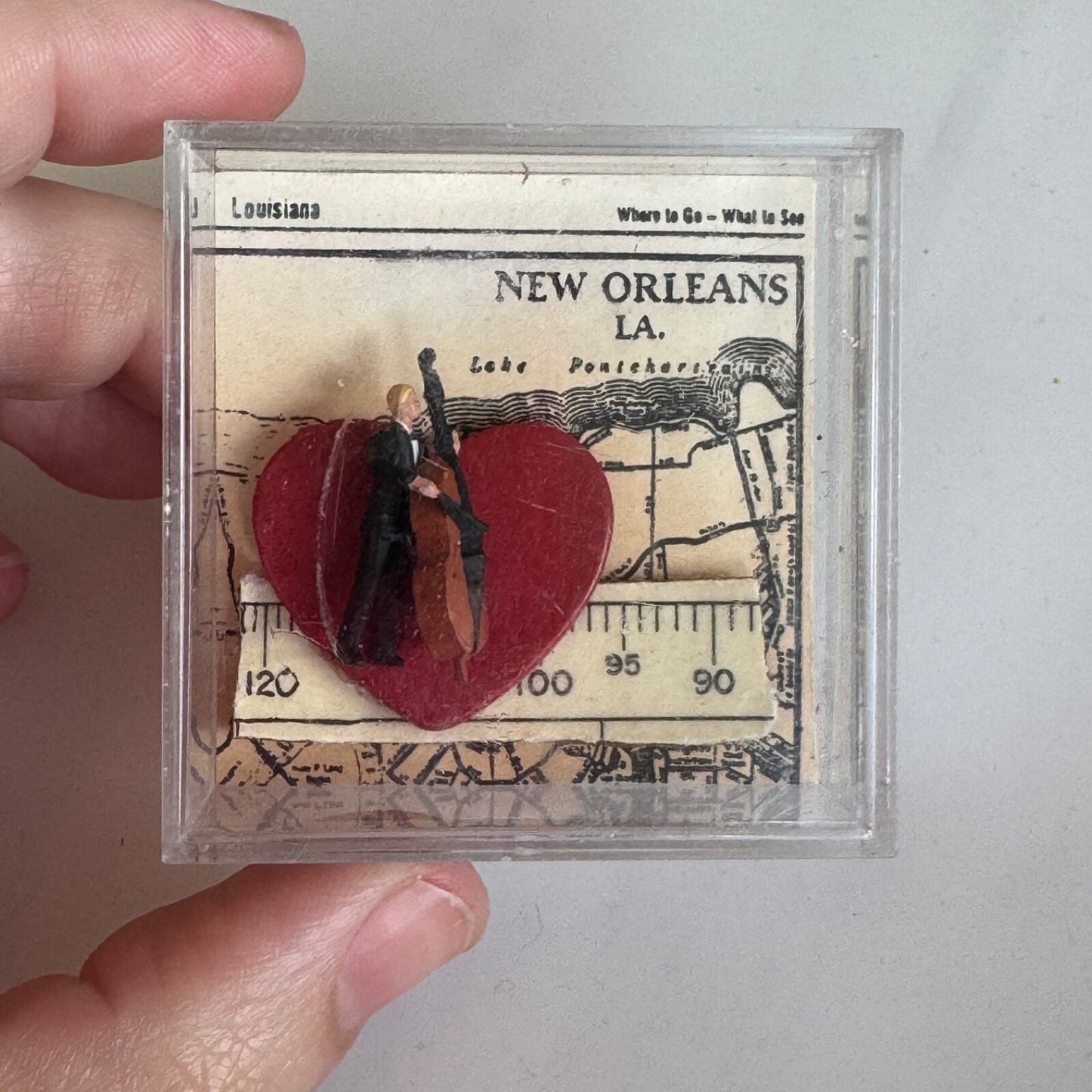 Vintage New Orleans Clay Brooch Double Bass Player Heart Pin Map in Lucite Box