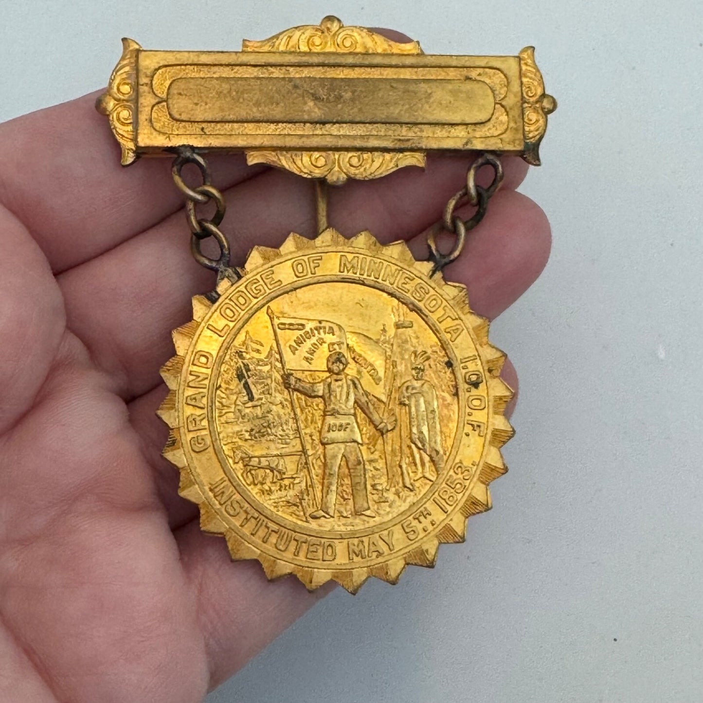 Antique IOOF Grand Lodge of Minnesota Instituted May 5th 1853 Medal Pin Badge