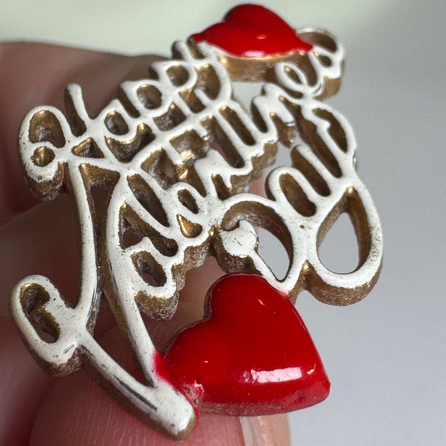 Vintage Happy Valentines Day Enamel Heart Brooch Lapel Pin White Red