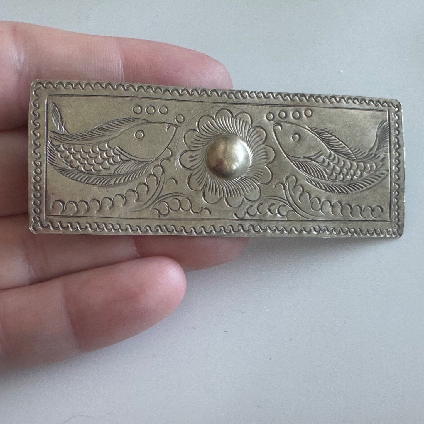 Hand Carved Silver Toned Metal Fish and Flower Brooch Pin Southwestern