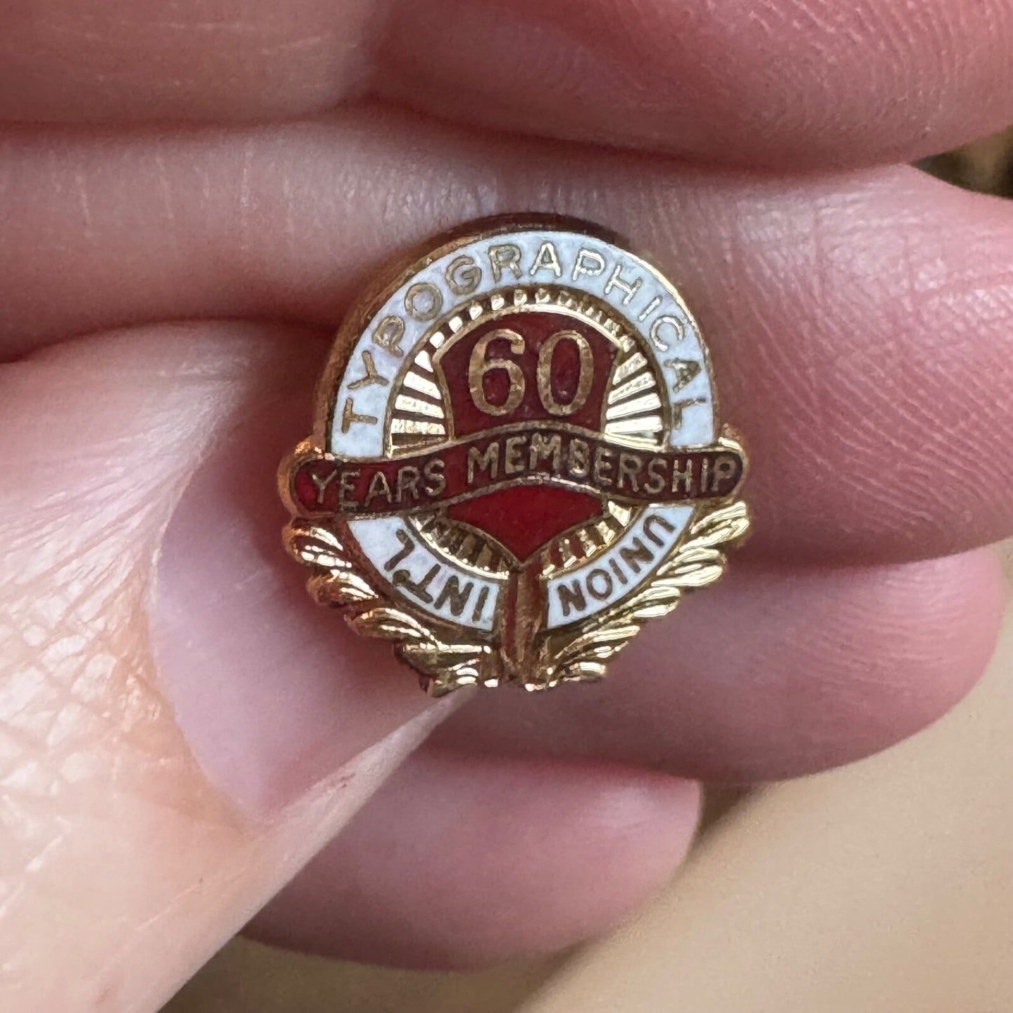 Vintage International Typographical Union 60 Years Membership Lapel Pin 24k GP