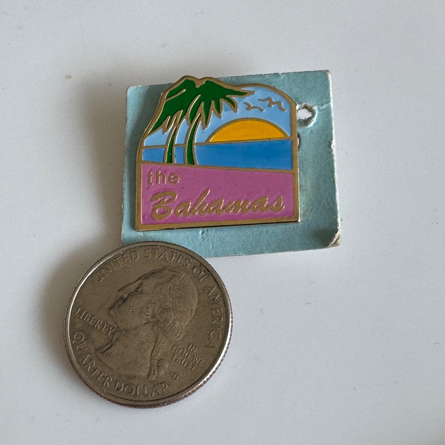 The Bahamas Sunset Enamel Pin – Palm Trees & Ocean View on Card